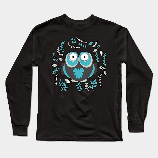 BLUE OWL AND LEAVES Long Sleeve T-Shirt by MagicDreams